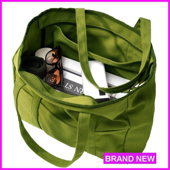 Handbags - Extra Large Canvas Tote Bag with Zipper, Multiple Pockets, Laptop Sleeve